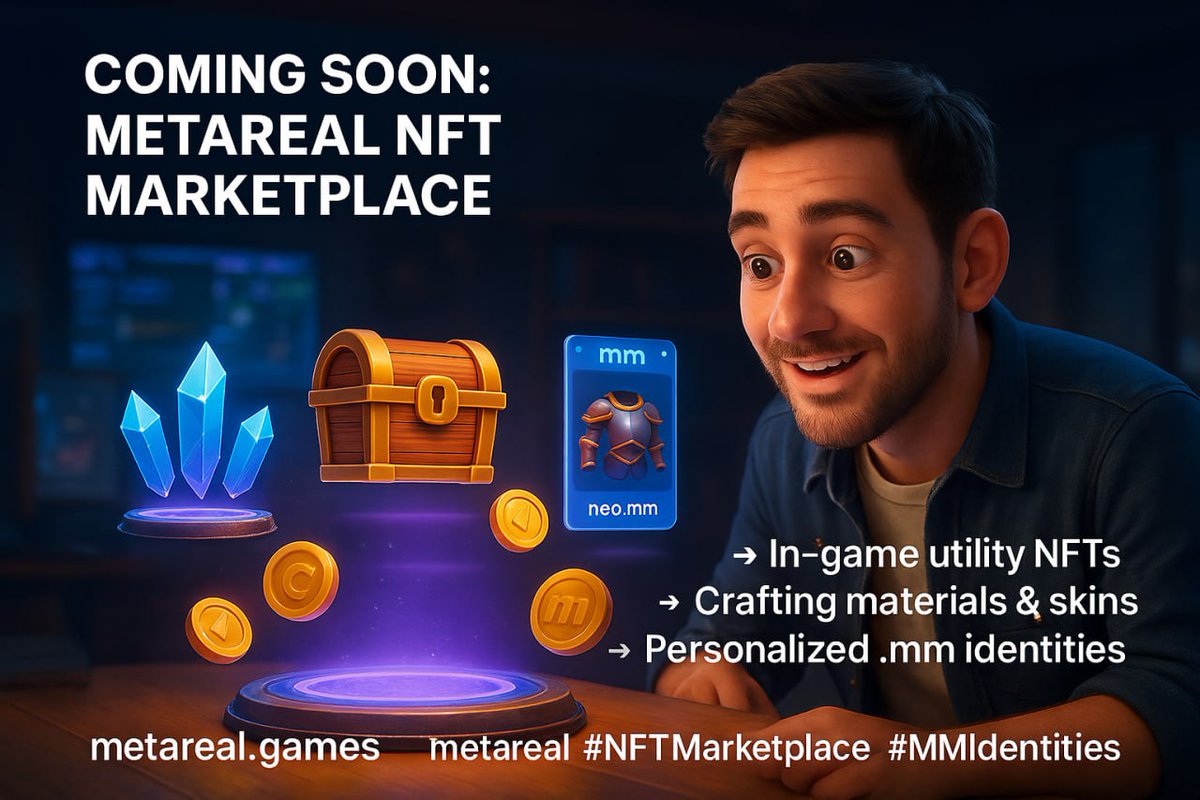 Metarealgames's tweet photo. Coming Soon: Metareal NFT Marketplace
Own, trade, and upgrade your world 🌍
→ In-game utility NFTs
→ Crafting materials &amp; skins
→ Personalized .mm identities

Built for real use in the Metareal universe.
🔗 https://t.co/EasXQOLC8A #NFTMarketplace #Web3Gaming #MMIdentities https://t.co/y5L1ym6eHc
