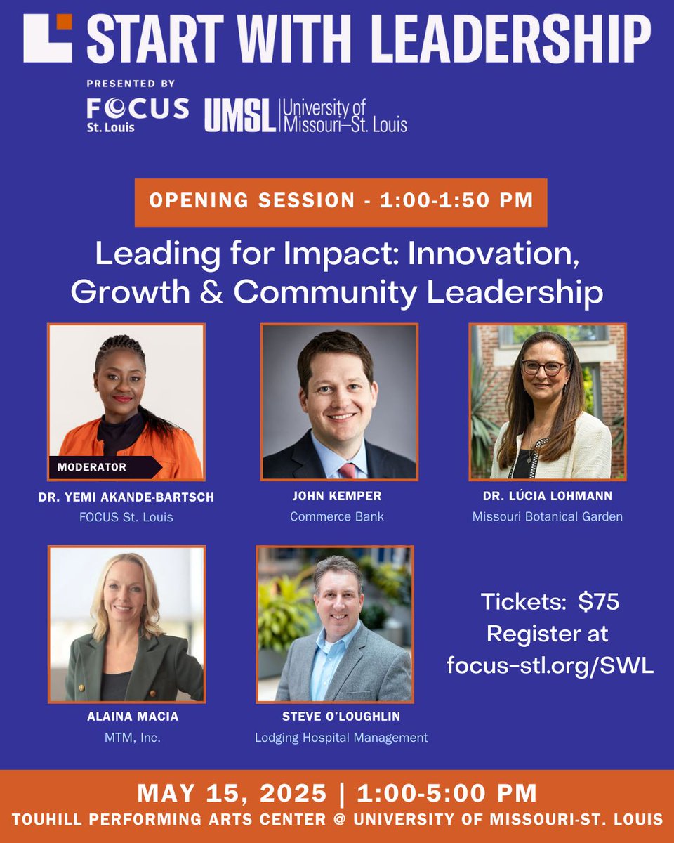 Our Start With Leadership conference on May 15 with kick off with a dynamic panel discussion featuring John Kemper of <a href="/CommerceBank/">Commerce Bank</a>, Dr. Lúcia Lohmann of <a href="/mobotgarden/">MO Botanical Garden</a>, Steve O'Loughlin of LHM, and Alaina Macia of MTMSocial. Reserve your spot today! buff.ly/EH9hAs9