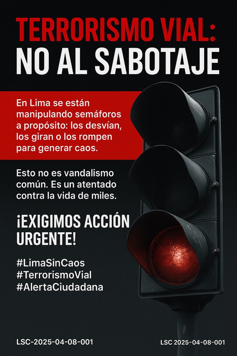 LimaSinCaos's tweet photo. 🔴 ¡GRAVÍSIMO!
En Lima, delincuentes sabotean y redireccionan semáforos para provocar caos. Esto NO es vandalismo menor, ¡es un atentado a la vida!
@FiscaliaPeru @PoliciaPeru @MuniLima:
¡Directivas, sanciones e inteligencia YA!
#LimaSinCaos #TerrorismoVial ⚠️ https://t.co/kzJdoyjUQE