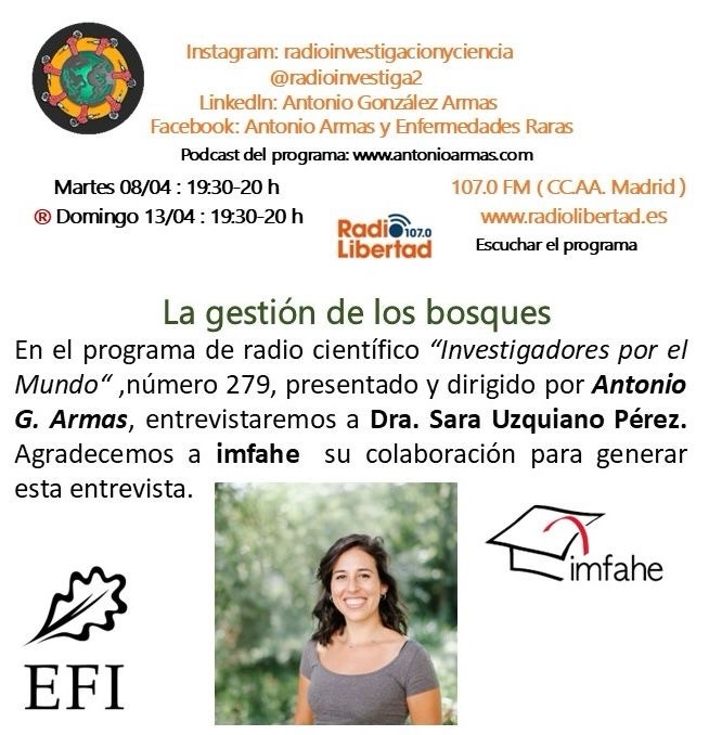 We’re excited to support the upcoming interview with Dr. Sara Uzquiano Pérez on the science radio program “Investigadores por el Mundo”

📅 Tuesday, April 8 | ⏰ 19:30–20:00 CET
📻 Radio Libertad 107.0 FM (Madrid)
🔁 Replay: Sunday, April 13 | 19:30–20:00 CET
<a href="/Radioinvestiga2/">Radioinvestigacionyciencia</a>