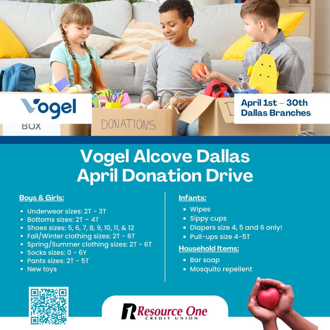 ResourceOneCU's tweet photo. Join us this Youth Month in making a big impact! Swing by our Dallas branches and contribute to the Vogel Alcove drive until April 30th. Let's change lives together! #R1CU #YouthMonth #WER1

Learn more about Vogel Alcove at: https://t.co/RMSyZbsG1l https://t.co/8xrYKyTPc4