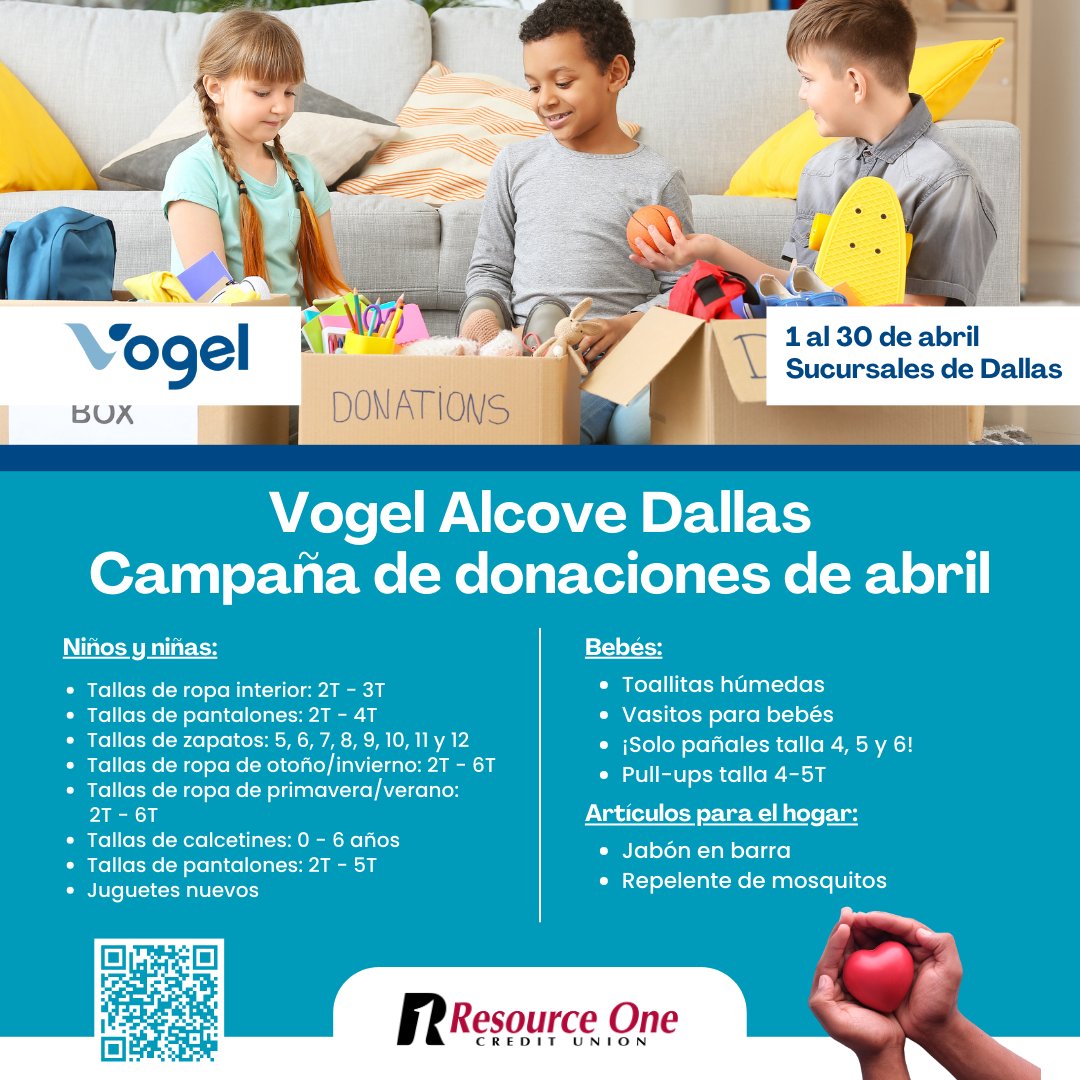ResourceOneCU's tweet photo. Join us this Youth Month in making a big impact! Swing by our Dallas branches and contribute to the Vogel Alcove drive until April 30th. Let's change lives together! #R1CU #YouthMonth #WER1

Learn more about Vogel Alcove at: https://t.co/RMSyZbsG1l https://t.co/8xrYKyTPc4