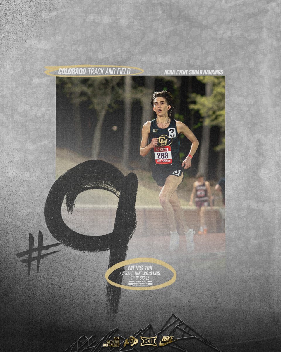 CUBuffsTrack's tweet photo. In Week 2 of the national rankings, the Buffs are holding strong in the 🔝 🔟 across THREE events:

🔥 Men’s 5,000m
🔥 Men’s 10,000m
🔥 Women’s 400m Hurdles https://t.co/SfOnV2BLEp