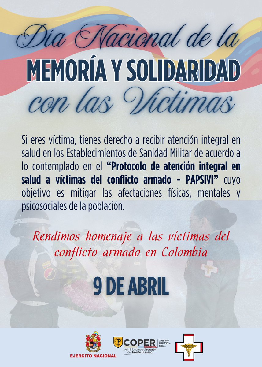Ejercito_Disan's tweet photo. 🕊️ En el Día Nacional de la Memoria y Solidaridad con las Víctimas, recordamos con respeto y acompañamos con acciones.
▫️Si eres víctima del conflicto armado, tienes derecho a atención integral en salud en los ESM según el protocolo PAPSIVI.
#PorNuestrosSoldados https://t.co/chbjDaHrfQ