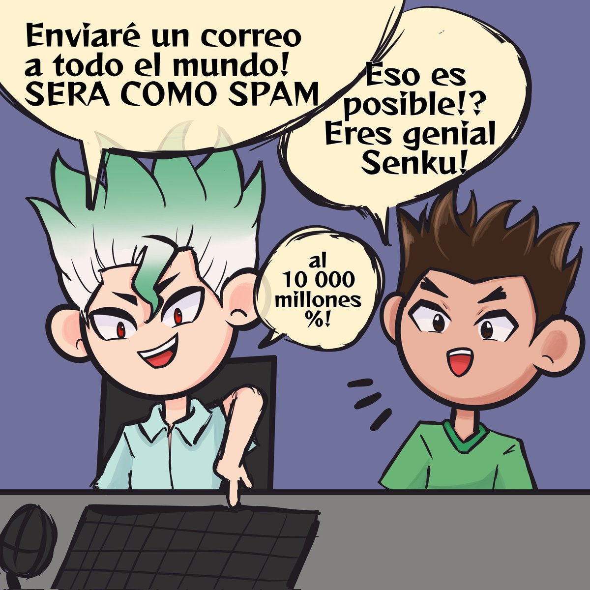 Xoritt's tweet photo. PART 1/6 Sengen (español)
Y SI... Gen hubiera repondido el spam que Senku envió cuando era chiquito? 
#SenGen #dcst #au https://t.co/uVLtR6SkyS