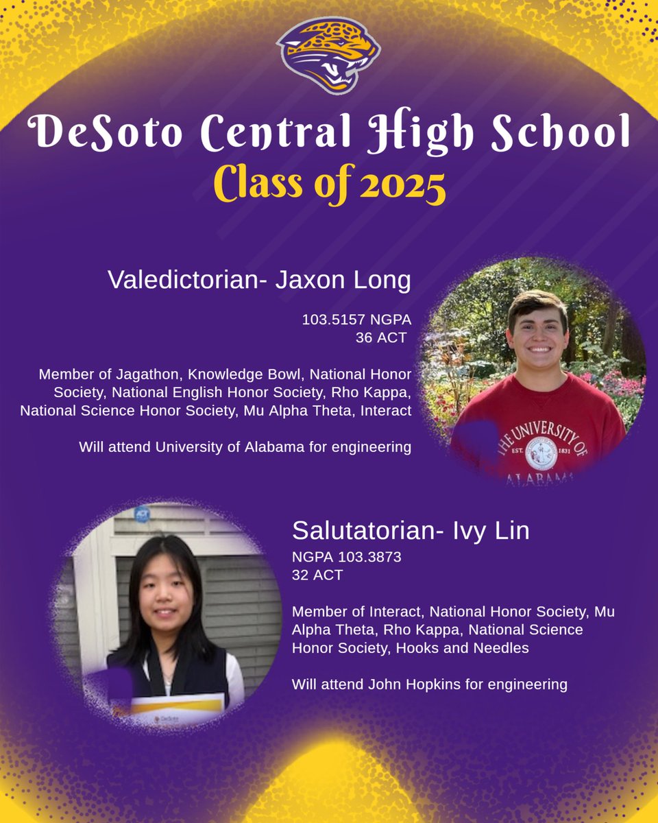 Congratulations to Jaxon Long and Ivy Lin on being named valedictorian and salutatorian for the Class of 2025! #GDTBAJ