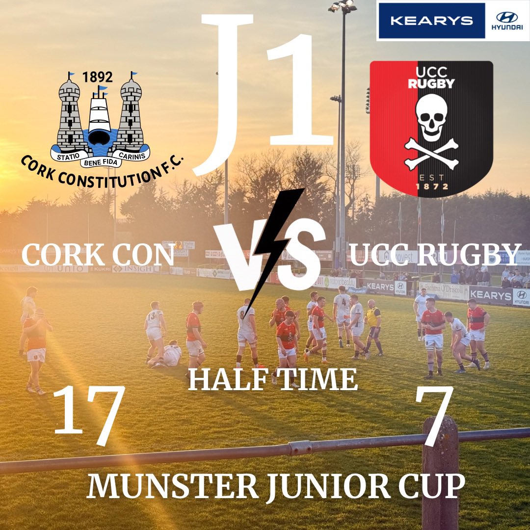 CorkConRugbyFC's tweet photo. ⏸️ Half-Time at Temple Hill 🏉
Cork Con lead the way in this Munster Junior Cup clash!

Cork Con 17 – 7 UCC Rugby

let’s keep the momentum going, lads!

#CorkCon #MunsterJuniorCup #ConVsUCC #TempleHill @uccrfc @mjcrugby https://t.co/7X6rvWb0Ec