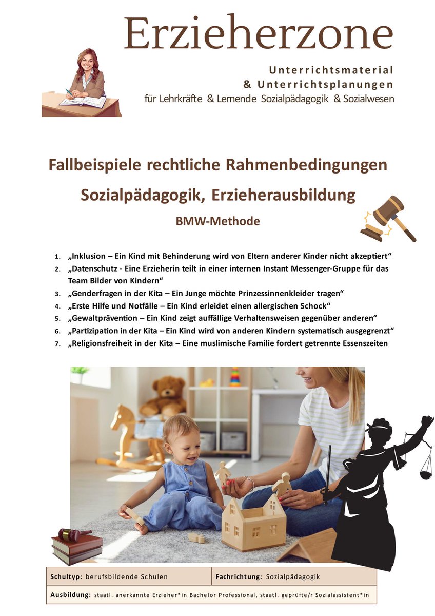Fallbeispiele &amp; rechtliche Rahmenbedingungen in der Erzieherausbildung
Mit der BMW-Methode arbeitest du differenziert, kompetenzorientiert und praxisnah.
Ideal für deinen Unterricht in der Erzieherinnenausbildung! Hole dir schnell mein neues Materialpaket: eduki.com/de/material/14…