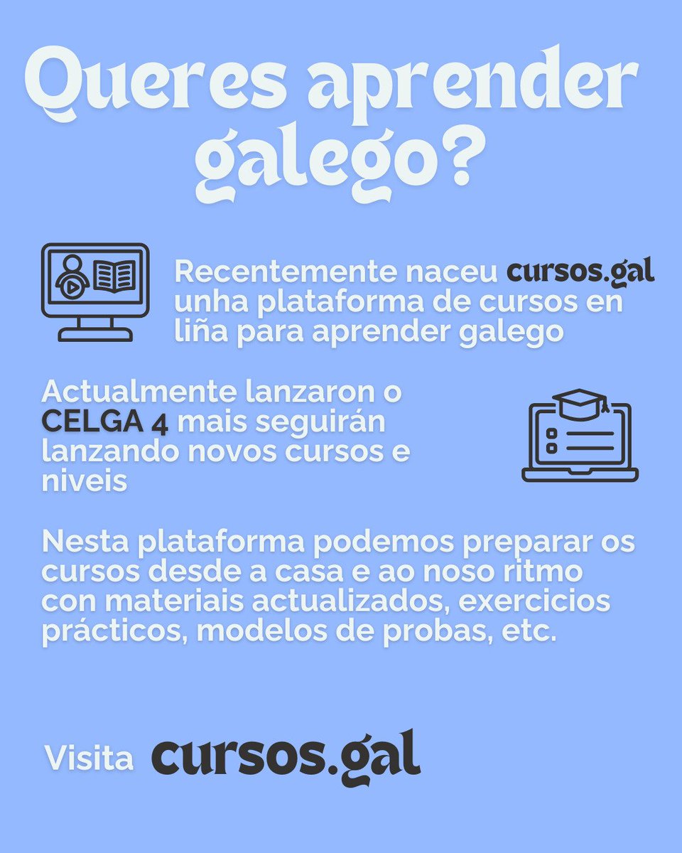 🌞Queres aprender galego ou axudarnos a espallar esta iniciativa? 

➡️ Abriu Cursos.gal, unha plataforma de cursos en liña para aprender galego

Comezan co curso completo para CELGA 4, pero lanzarán tamén os cursos de CELGA 2 e CELGA 3

📲  cursos.gal