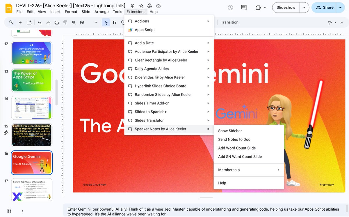 alicekeeler's tweet image. Come to my lightening talk at #GoogleCloudNEXT
buff.ly/m8gBOf4
I'm using my "Speaker Notes" add-on to export to a Google Doc to help me practice my Star Wars jargon for the talk.
install: buff.ly/FYmPJs9
#GoogleEDU #GoogleDeveloperExpert