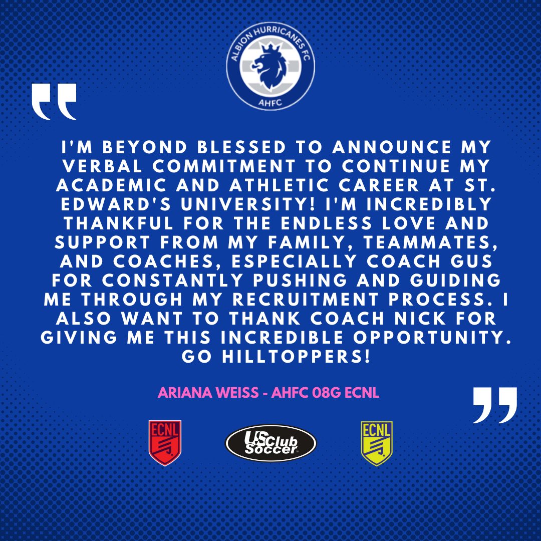 ahfcsoccer's tweet photo. Congratulations to Ariana Weiss, AHFC 08G ECNL, on her commitment to St. Edward University! https://t.co/RSUd1bPthN