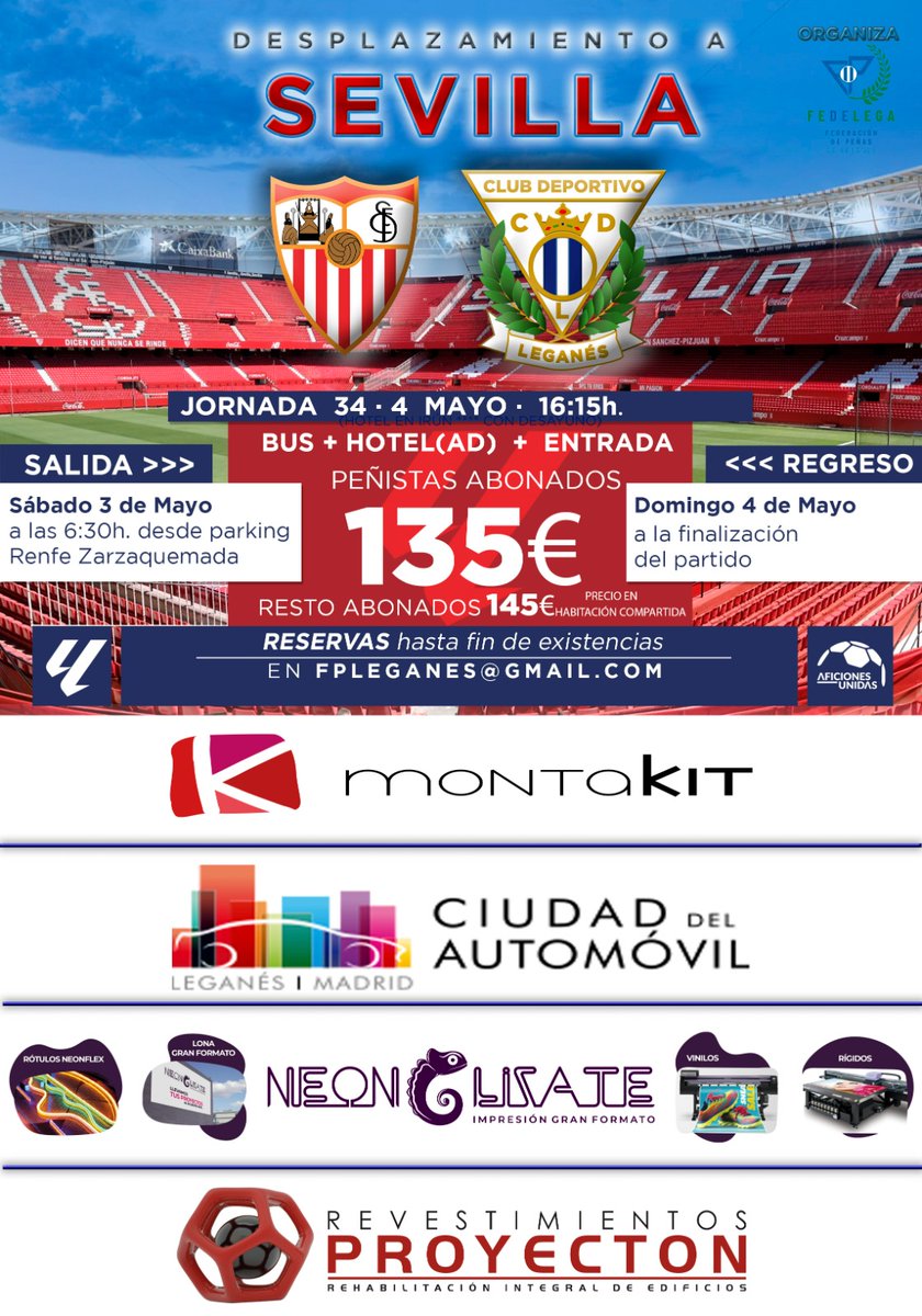 FEDELEGA (@fpleganes) on Twitter photo VIAJE A SEVILLA
➕🚌➕🎟️➕🏨➕☕
Abrimos inscripción para el viaje a Sevilla para todos los abonados para arropar a nuestro <a href="/CDLeganes/">C.D. Leganés</a> en este nuevo desplazamiento.
1️⃣3️⃣5️⃣€ PEÑISTAS ABONADOS
1️⃣4️⃣5️⃣€ RESTO DE ABONADOS
📝INSCRIPCIONES
✉️fpleganes@gmail.com
👀HASTA AGOTAR VIAJE A SEVILLA
➕🚌➕🎟️➕🏨➕☕
Abrimos inscripción para el viaje a Sevilla para todos los abonados para arropar a nuestro <a href="/CDLeganes/">C.D. Leganés</a> en este nuevo desplazamiento.
1️⃣3️⃣5️⃣€ PEÑISTAS ABONADOS
1️⃣4️⃣5️⃣€ RESTO DE ABONADOS
📝INSCRIPCIONES
✉️fpleganes@gmail.com
👀HASTA AGOTAR