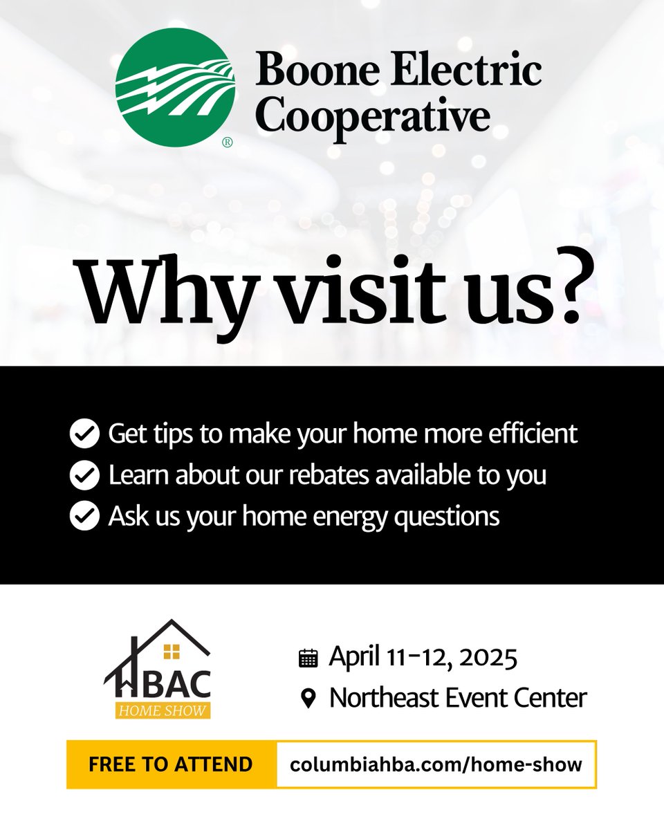 BooneElectric's tweet image. 🏠Make plans to see us at the HBA of Columbia Home Show! We're looking forward to talking with our members!
April 11-12, 2025
🕛 Friday: 12 PM - 6 PM | Saturday: 9 AM - 4 PM
🌐columbiahba.com/home-show
#HBAColumbia #HomeShow #HomeImprovement #ColumbiaMO