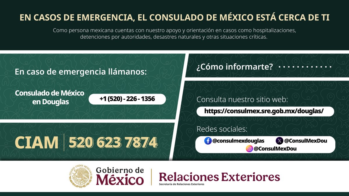 El Consulado de México está de tu lado. No olvides  que contamos con una línea de asistencia permanente para personas mexicanas en situación de vulnerabilidad. 
📞 520-226-1356
📞 Desde 🇲🇽: 001-520-226-1356

#ProtecciónConsular #ConsuladoContigo