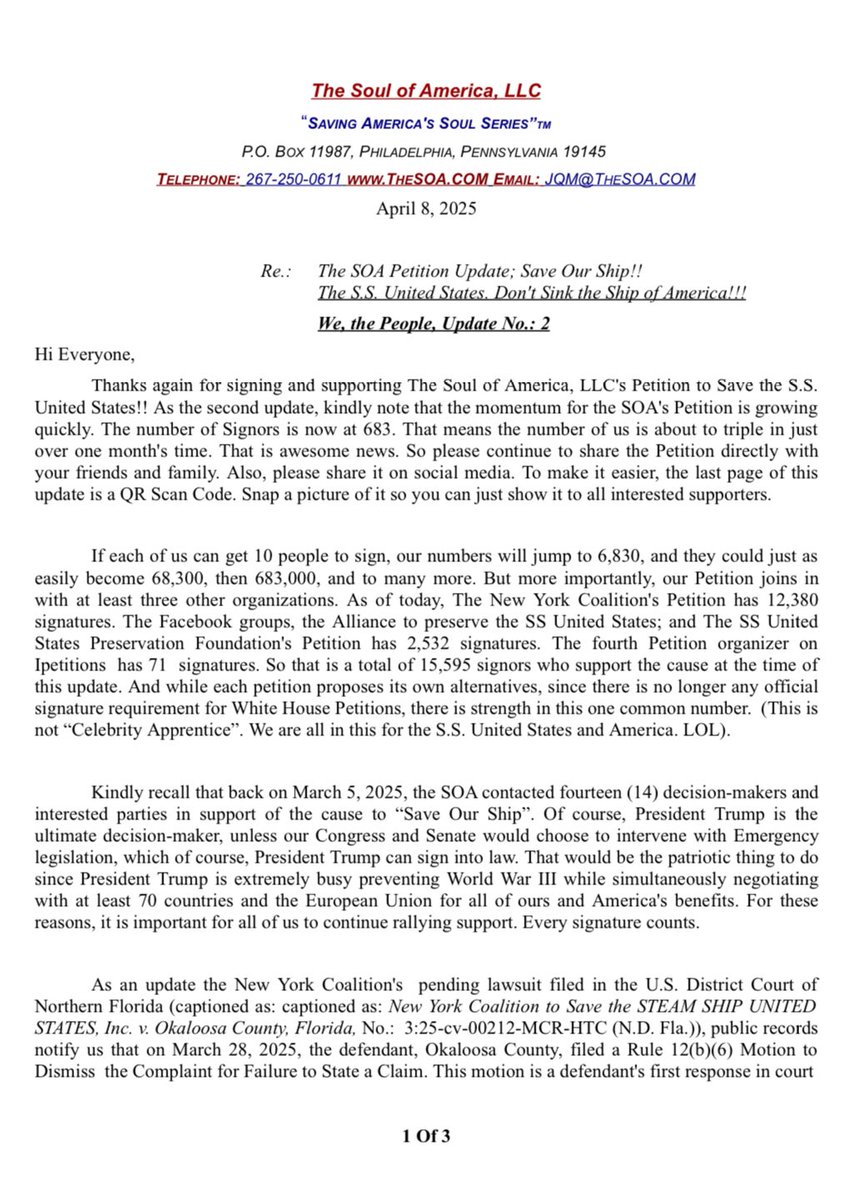 JoeMirarchi's tweet photo. BREAKING NEWS ON
SAVING THE S.S. UNITED STATES!!!
Update Below!!! Help out!! It’s Free & takes seconds to Sign & Share!!! Thanks!!! 🇺🇸
https://t.co/GsJhcFQDfA
#SignThePetition
#TakeAction #activism #change
#makeadifference
#voicesforchange
#standupfor #demandchange
#SSUnitedStates
#TRUMP2024ToSaveAmerica
#doge
#elonmusk
@realDonaldTrump @TrumpFans4Life @laratrumpmww @elonmusk @RepMTG @MikeJohnson @SenMcCormickPA @JohnFetterman @SenMastriano @Save_SS_US @SSUSPF488
@SSUSAlliance @JesseBWatters @IngrahamAngle @seanhannity @CollinRugg @SecDef @SenJohnKennedy @robportmanOH @SusieWiles @KeeleyFox29 @AG_PAMBONDI @ScottPresler @TheTruthAbound
@PressSec
@TuckerCarlson
@TCNetwork