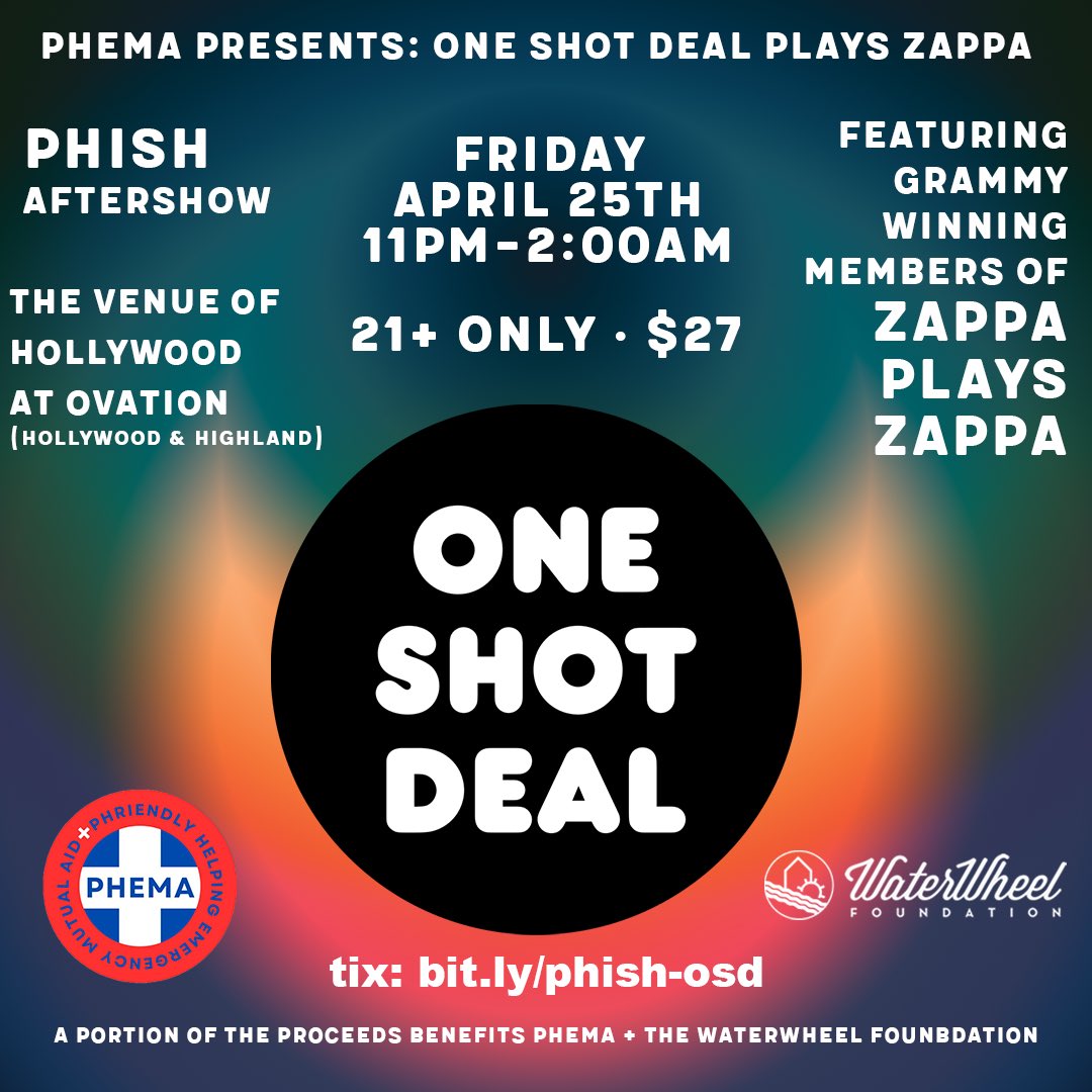 We’ve got a grand show announcement in the Zappaverse! Our friends at One Shot Deal are performing the <a href="/phish/">Phish</a> after show at Ovation Hollywood in Los Angeles on April 25th ⚡️ 

Tickets are available here: eventbrite.com/e/phema-presen…