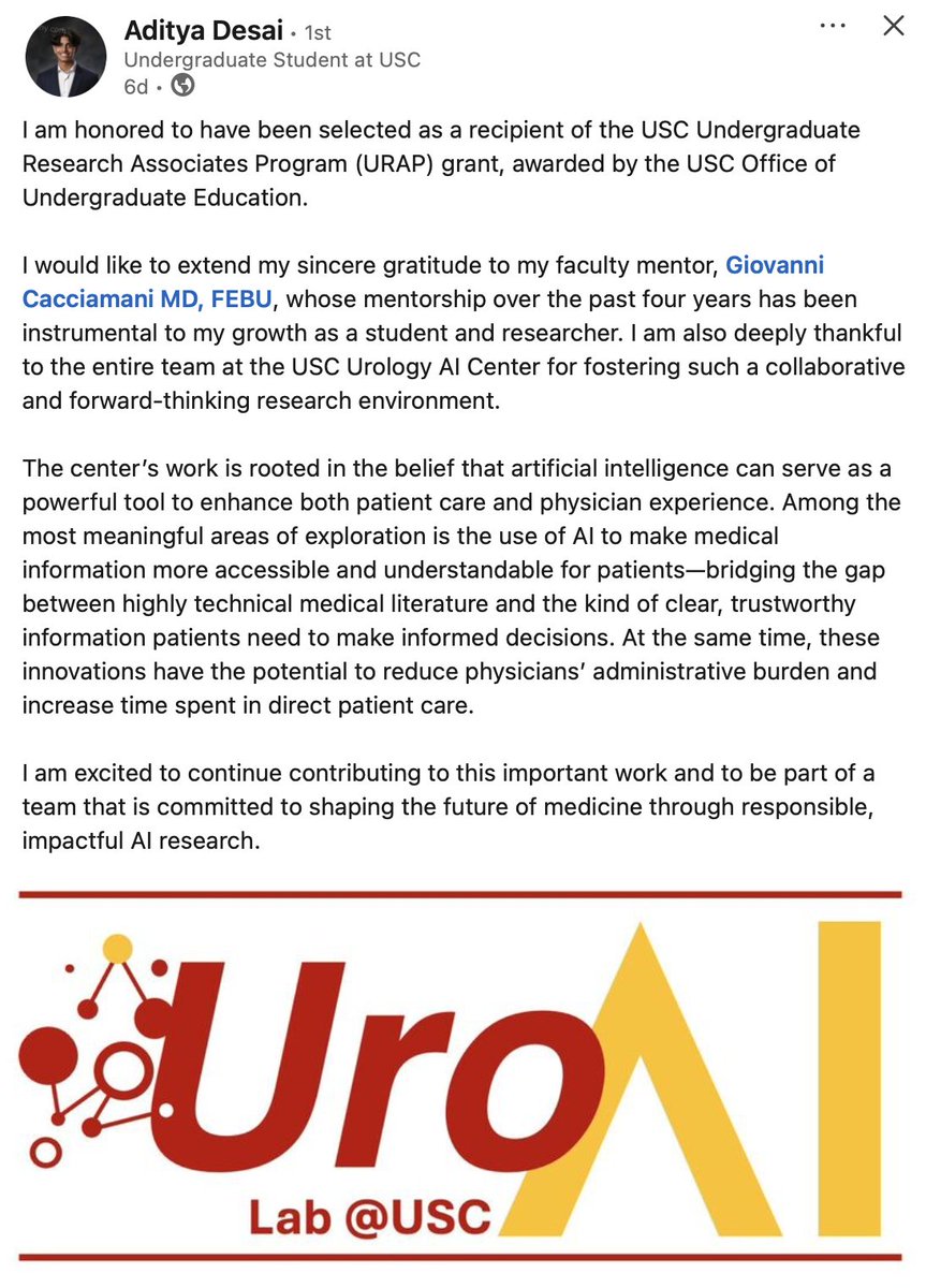 Dr. Giovanni E Cacciamani MD MSc FEBU ๐ฎ๐น๐บ๐ธ๐ช๐บ (@cacciamani_md) on Twitter photo Proud to congratulate <a href="/adityadesai03/">Aditya Desai</a> on receiving the <a href="/USC/">USC</a> URAP grant!
Your growth over the past four years has been incredible, and your passion for responsible, patient-centered #AI continues to grow strong.
Excited to see all youโll accomplish with the <a href="/USCUrology/">USC Urology</a> AI Proud to congratulate <a href="/adityadesai03/">Aditya Desai</a> on receiving the <a href="/USC/">USC</a> URAP grant!
Your growth over the past four years has been incredible, and your passion for responsible, patient-centered #AI continues to grow strong.
Excited to see all youโll accomplish with the <a href="/USCUrology/">USC Urology</a> AI