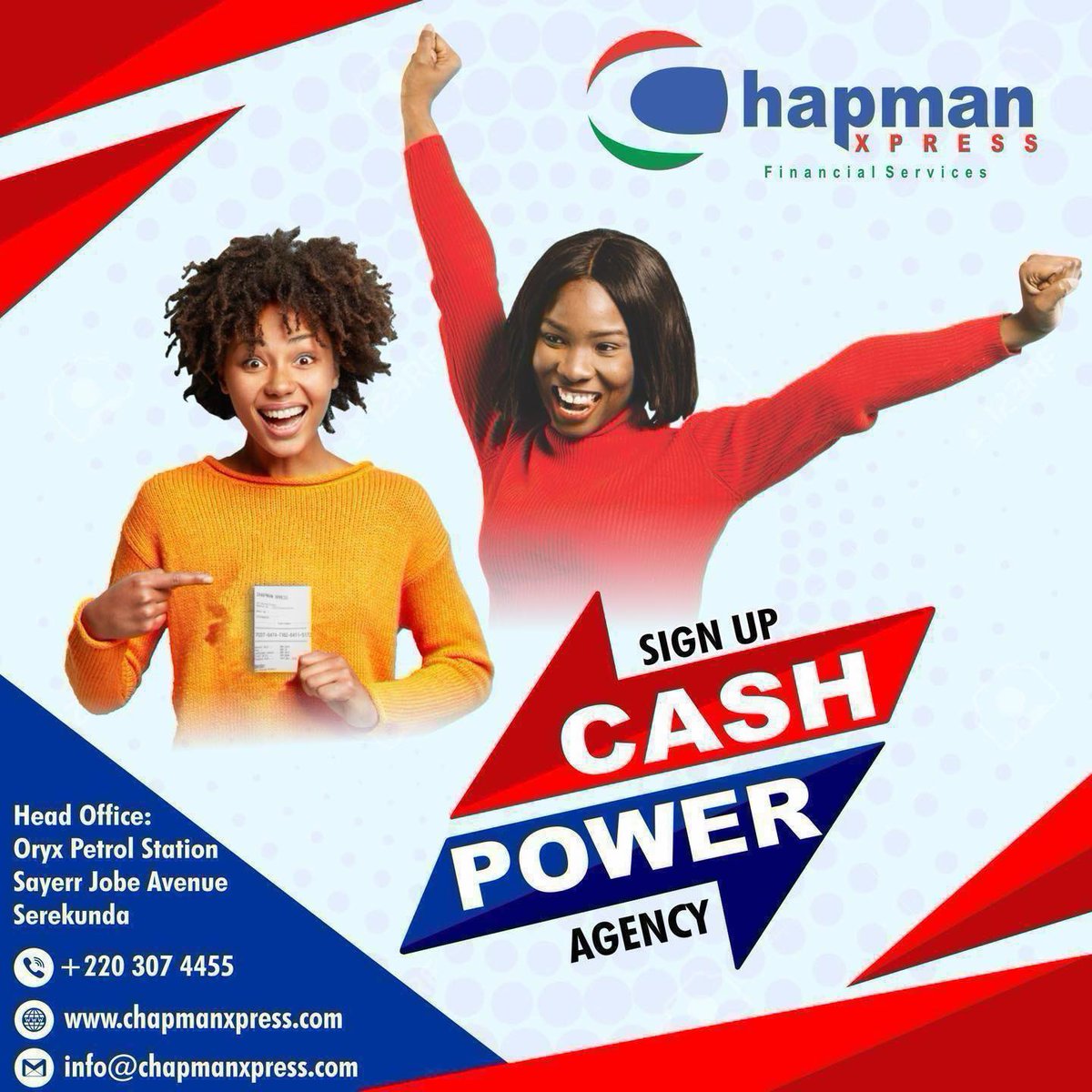 ChapmanXpress's tweet photo. #SignUpForCashPowerAgency

Do you have a shop, a kiosk or even a table in a strategic location.
Sign up today with Chapman Xpress to become a Cash Power Agent.

#ChapmanXpress
#CashPowerAgency 

For more information please call 
502 8144/ 742 7740 / 307 4455 https://t.co/Gn1TrtdTQc