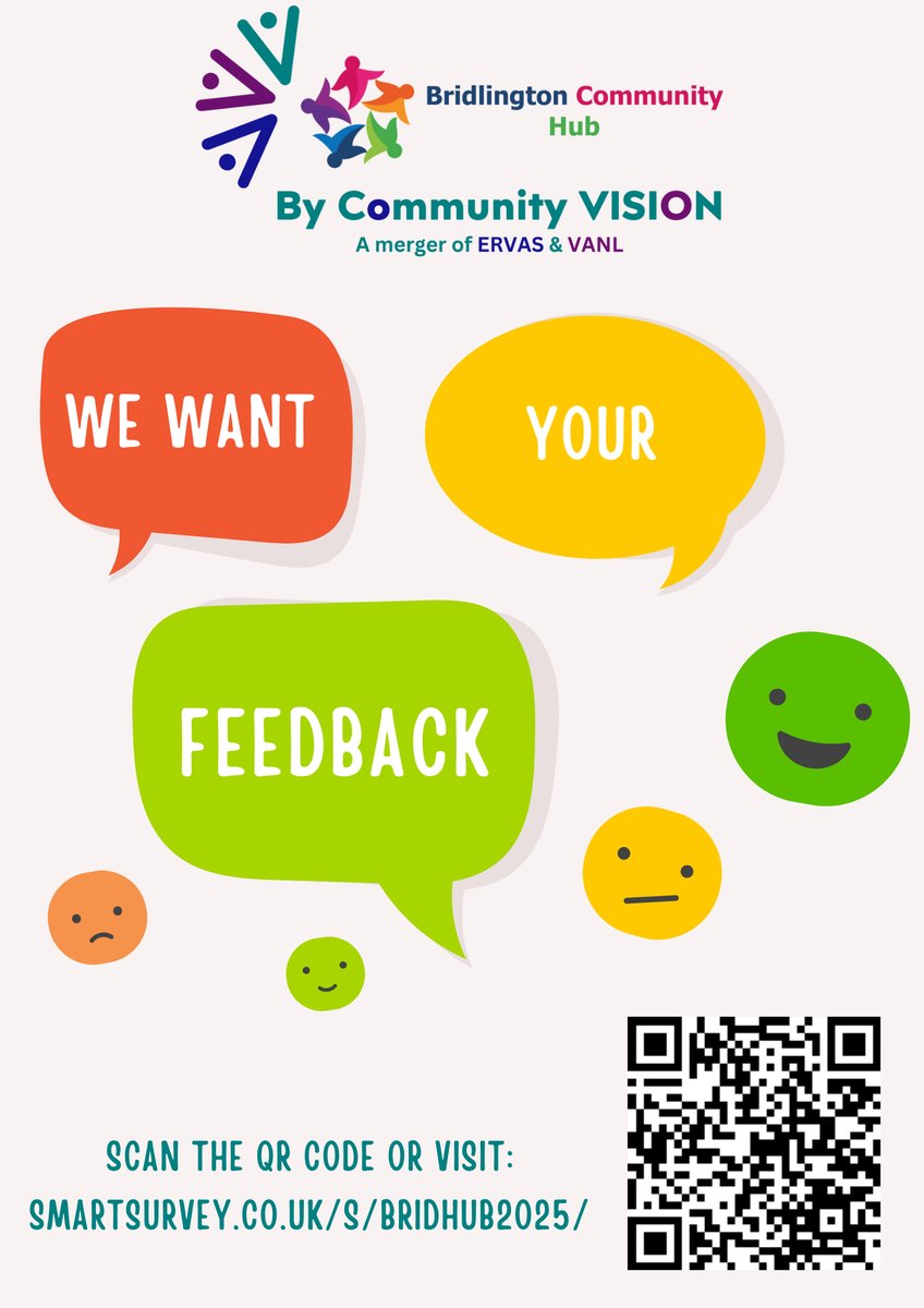 #Bridlington 

We want to know your views of the Bridlington Community Hub and the wider community. 

Scan the QR Code or visit: smartsurvey.co.uk/s/bridhub2025/