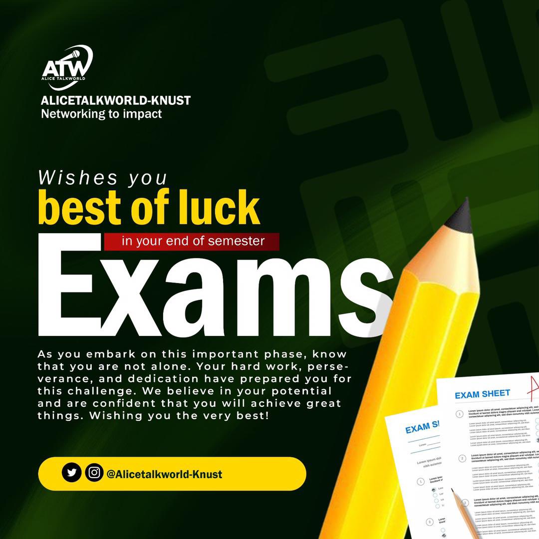 _AlicetalkWord's tweet photo. ALICETALKWORLD- KNUST💚💛wishes you all the best of luck in your end-of-semester exams.
May you feel confident, prepared,and successful in your assessments.
God and ace it🫶🎉

#ALICETALKWORLD-KNUST💛💚 https://t.co/r8bPaGbdYm