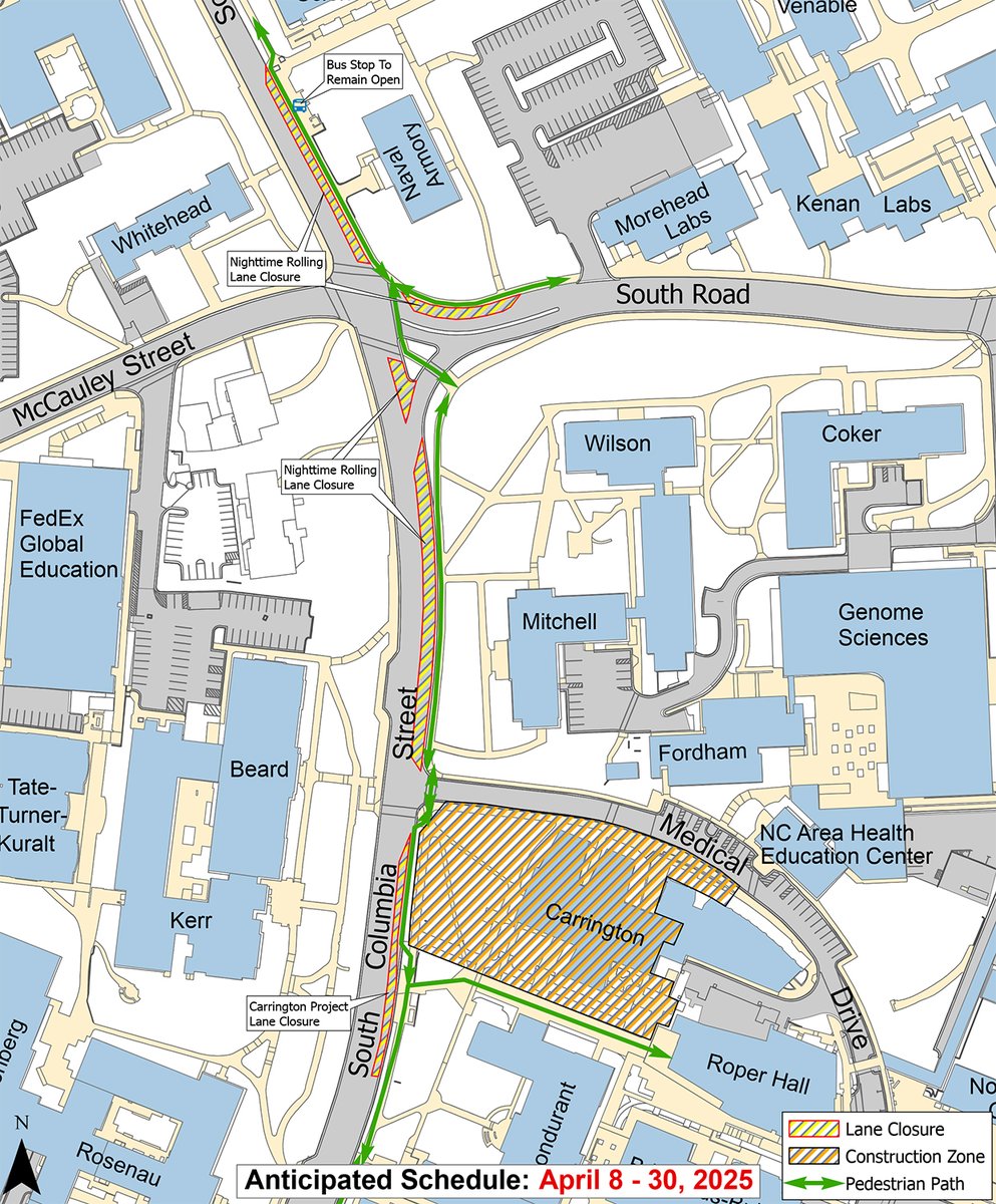 🚧 Starting tonight (April 8), portions of the right-hand lane on S Columbia St will close weeknights from 8pm–6am in support of a steam tunnel replacement project. Lanes will reopen for normal traffic flow each morning. To learn more, visit go.unc.edu/y6J5T. #CHTraffic
