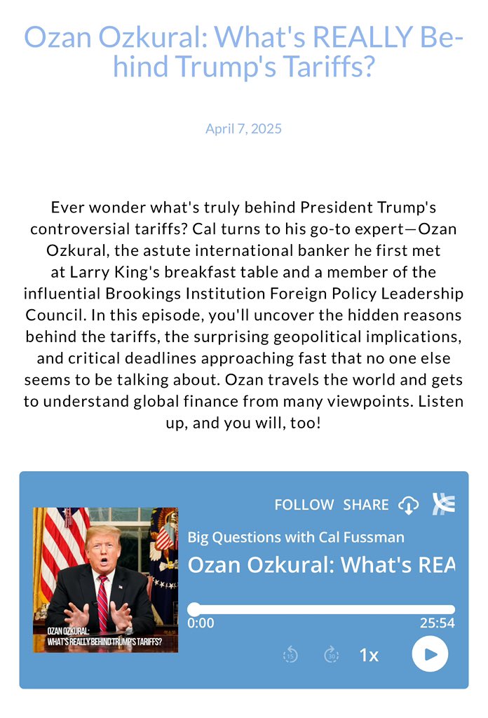 Ozan Ozkural (@ozanozkural) on Twitter photo Joined my friend <a href="/calfussman/">Cal Fussman</a> earlier on his BIG QUESTIONS podcast to discuss Trump tariff’s ofcourse. Check it out below and on ozanozkural.com
bigquestions-calfussman.libsyn.com/ozan-ozkural-w…
#tariffs #globalmarkets #Geopolitics Joined my friend <a href="/calfussman/">Cal Fussman</a> earlier on his BIG QUESTIONS podcast to discuss Trump tariff’s ofcourse. Check it out below and on ozanozkural.com
bigquestions-calfussman.libsyn.com/ozan-ozkural-w…
#tariffs #globalmarkets #Geopolitics