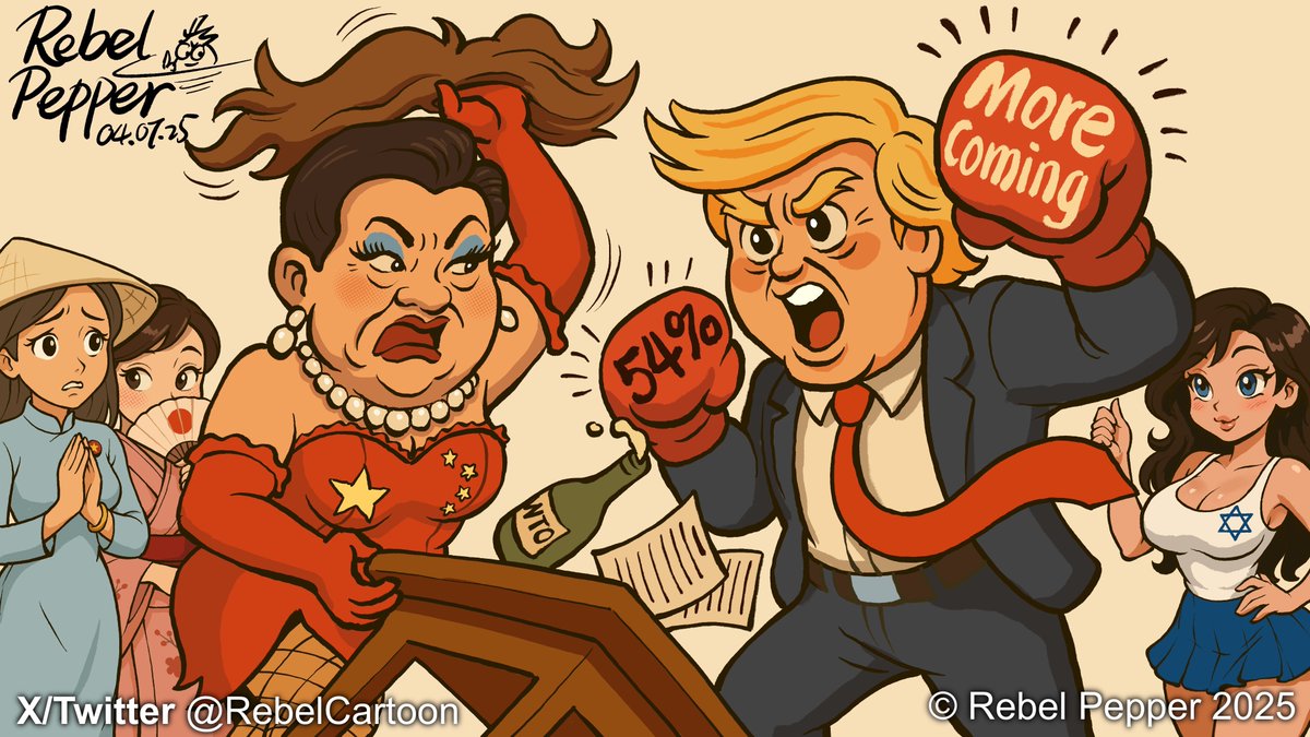 RebelCartoonEN's tweet photo. I finished this cartoon late Saturday night.
24 hours later, reality caught up.

— Trump: 50% more tariffs.
— Total: 104%.
— Netanyahu: “We’ll do it. For all America has done for us.”

My cartoon already said:
More Coming.

Satire or prophecy?

#PoliticalCartoon #RebelPepper https://t.co/hN1cg2cWLZ