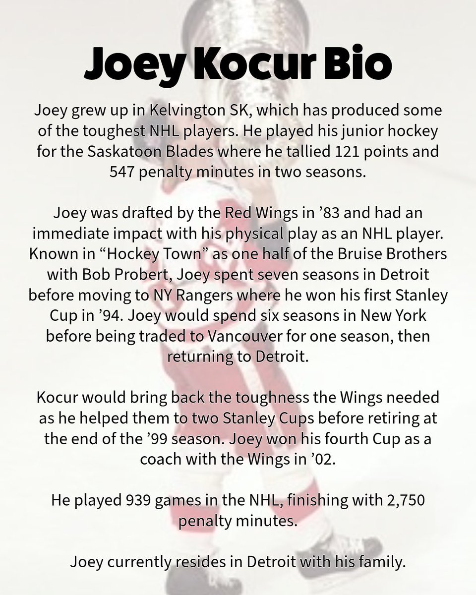 Our Sportsman’s Dinner Guest Speaker bio today is longtime NHLer &amp; Hockeytown heavyweight, <a href="/JoeKocur26/">Joe Kocur</a>! 🤩

A 4x Stanley Cup champion reaching hockey’s summit with both the Red Wings &amp; Rangers, read more and get your tickets today at our website! (🔗⤵️)

estevanbruins.com/meet-the-speak…