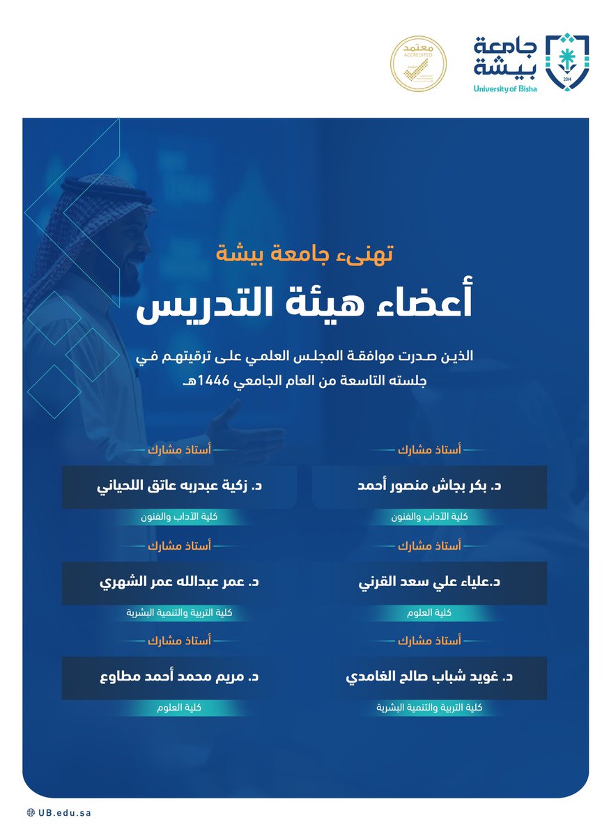 Bisha_U's tweet photo. #جامعة_بيشة تهنئ أعضاء هيئة التدريس، الذين صدرت موافقة المجلس العلمي على ترقيتهم، وذلك في جلسته التاسعة للعام الجامعي 1446هـ. https://t.co/Yug2NED2rE