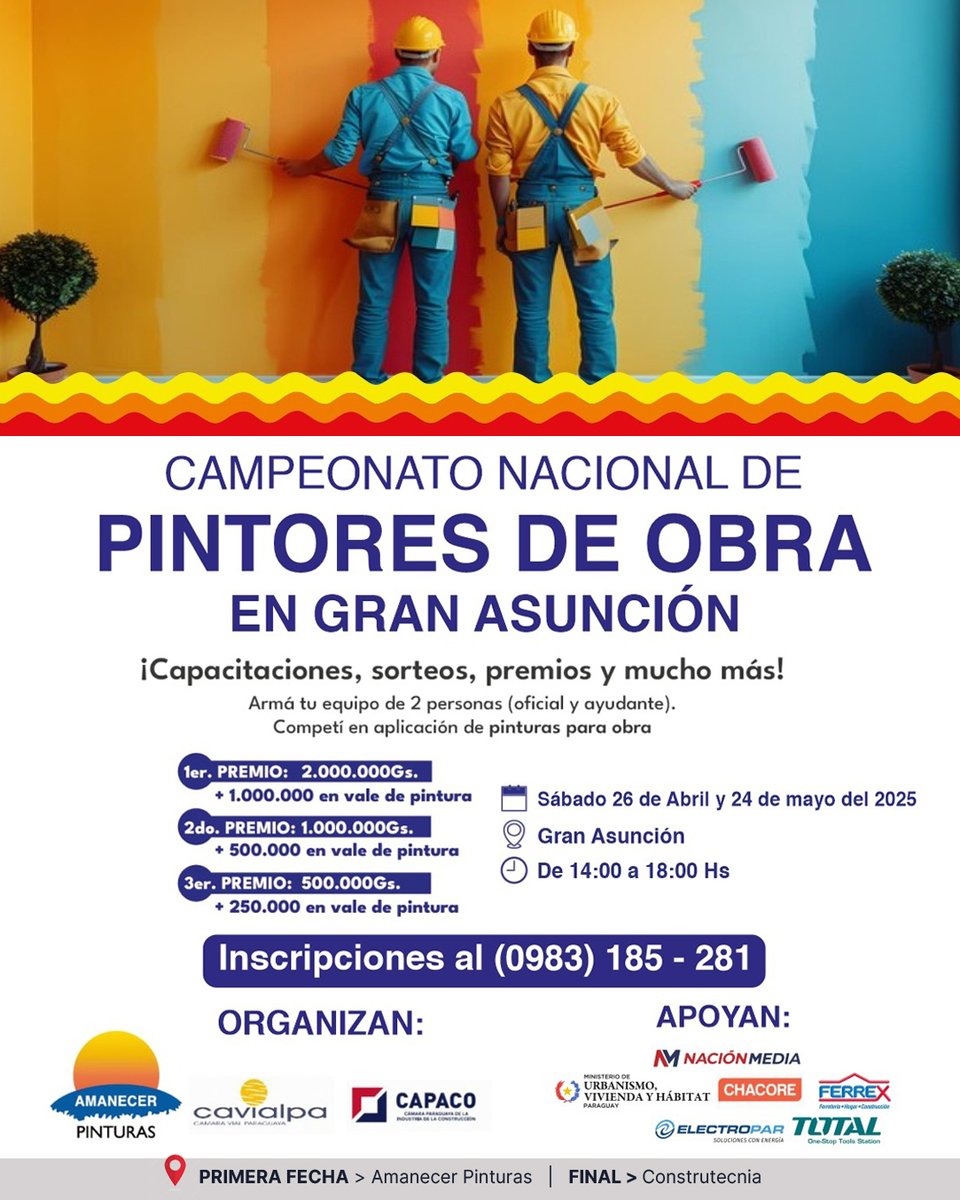 #CompetenciaNacional | 🔴Atención pintores de obra

🚧 Se viene el Campeonato Nacional con premios en efectivo, sorteos y capacitaciones.

Armá tu equipo (oficial+ayudante) y demostrá tu talento con el rodillo.👷‍♀️👷‍♂️

🗓️Sábados 26/04 y 24/05
📲Inscribite al 0983 185-281

#CAPACO