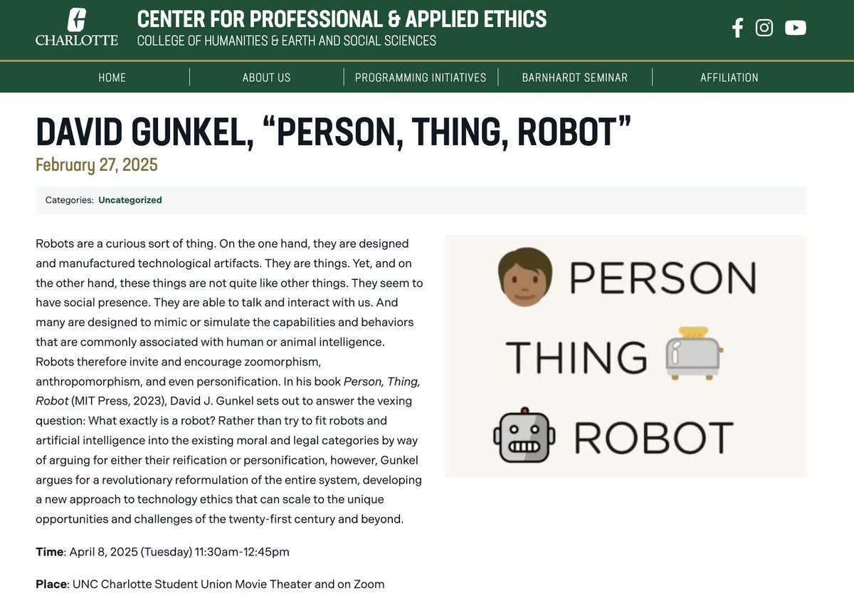 David J. Gunkel (@david_gunkel) on Twitter photo Incredible turn out for today's "Person, Thing, Robot" presentation at <a href="/unccharlotte/">UNC Charlotte</a>. My thanks to <a href="/mindyjiang/">Min Jiang</a> for organizing the event, to Gordon Hull and the Center for Professional and Applied Ethics for hosting it, and to the 200+ who joined us. <a href="/mitpress/">The MIT Press @mitpress.bsky.social</a> Incredible turn out for today's "Person, Thing, Robot" presentation at <a href="/unccharlotte/">UNC Charlotte</a>. My thanks to <a href="/mindyjiang/">Min Jiang</a> for organizing the event, to Gordon Hull and the Center for Professional and Applied Ethics for hosting it, and to the 200+ who joined us. <a href="/mitpress/">The MIT Press @mitpress.bsky.social</a>