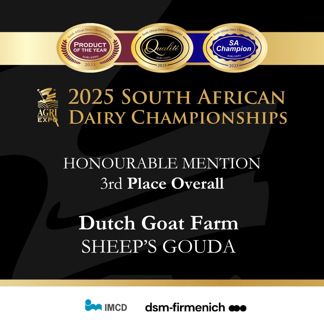 HONOURABLE MENTION TO 2 OF THE 30 QUALITÉ WINNERS @ 2025 SA Dairy Awards: Dutch Goat Farm Sheep's Gouda (3rd overall) &amp; Fair Cape Dairies Woolworths Passion Fruit Cheesecake Mousse Dessert (2nd overall). Congratulations!
#SADairyAwards #SADairyChamps #QualiteAwards