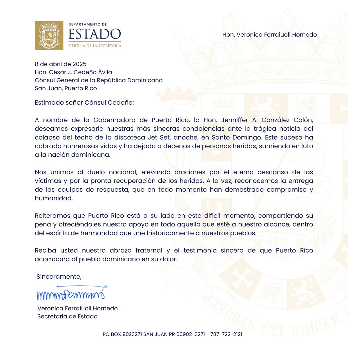 DeptEstadoPR's tweet photo. Nos unimos al duelo nacional tras la tragedia ocurrida en la discoteca Jet Set, en Santo Domingo.

Expresamos nuestras condolencias al Hon. César J. Cedeño Ávila, Cónsul General de la República Dominicana, y al presidente de la República Dominicana, Hon. Luis Abinader. https://t.co/WOcukWeTlz