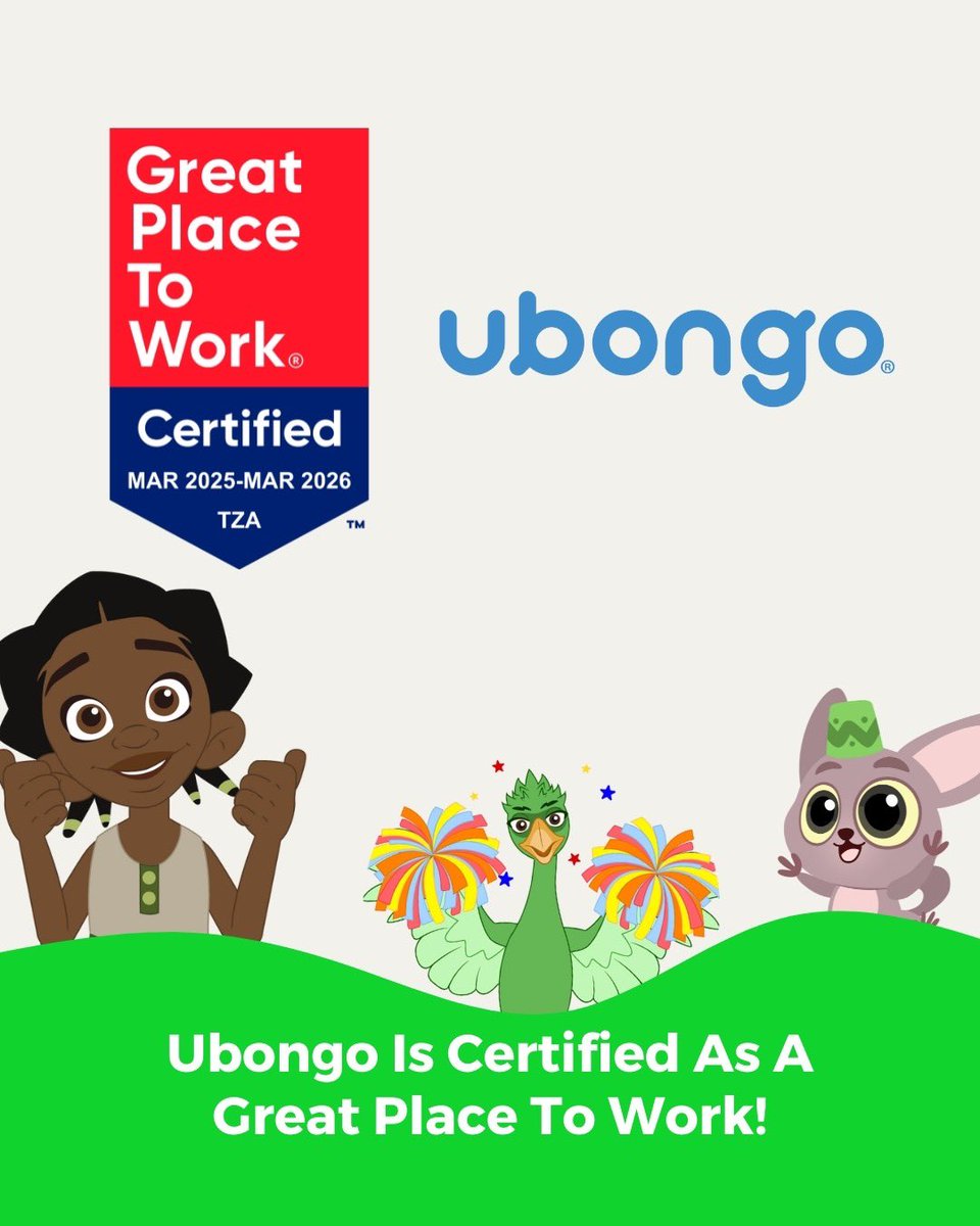 MichaelBaruti's tweet photo. There’s something special about working at a place where purpose and people come together, and now the world knows it too!
So excited to share that @UBONGOtz is officially #GreatPlacetoWorkCertified
#Ubongoimpact #GreatPlaceToWork #TeamCulture #WorkplaceExcellence #Ubongo https://t.co/h9w9EWjfwh
