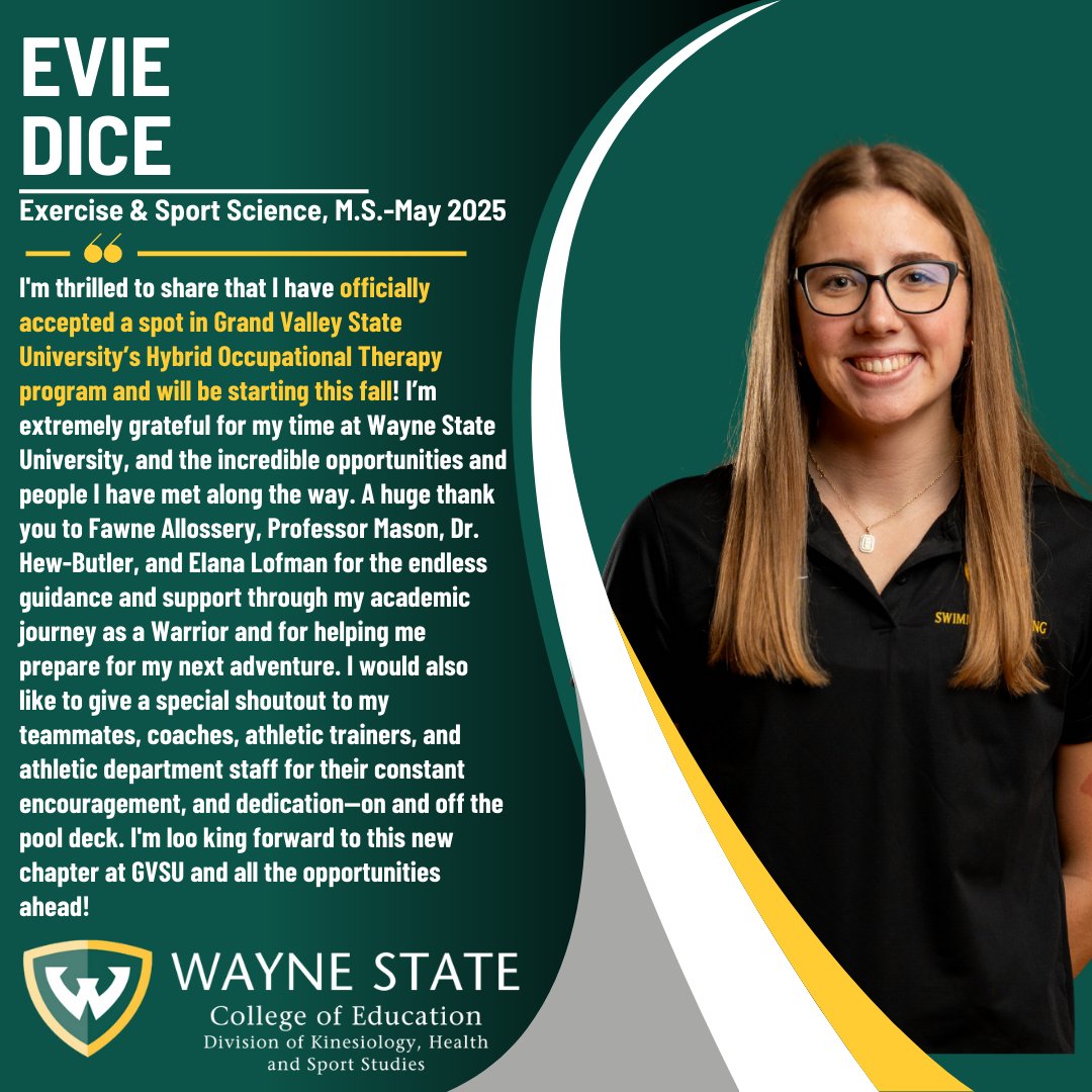 Hello everyone, great news to pass along, it is with great joy that we announce Evie Dice, an Exercise and Sport Science master student, has been accepted into the Grand Valley State University’s Hybrid Occupational Therapy program and will be starting this fall. Congrats Evie!