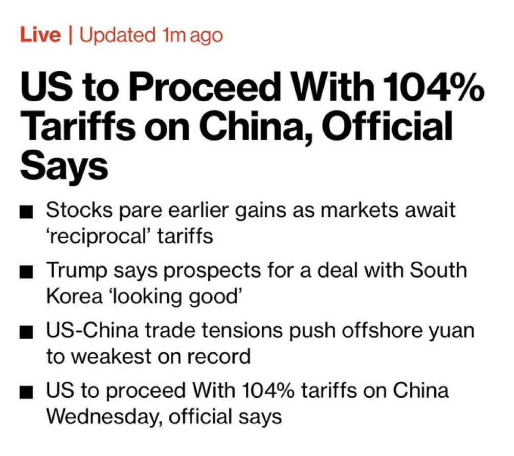 104%: un dazio da brigantaggio medievale. 

Da domani tutti gli importatori USA dovranno finanziare un circolante doppio su centinaia di miliardi di merci cinesi e sperare di vendere le merci in arrivo a prezzi che possono di conseguenza raddoppiare, oppure pagare penali per