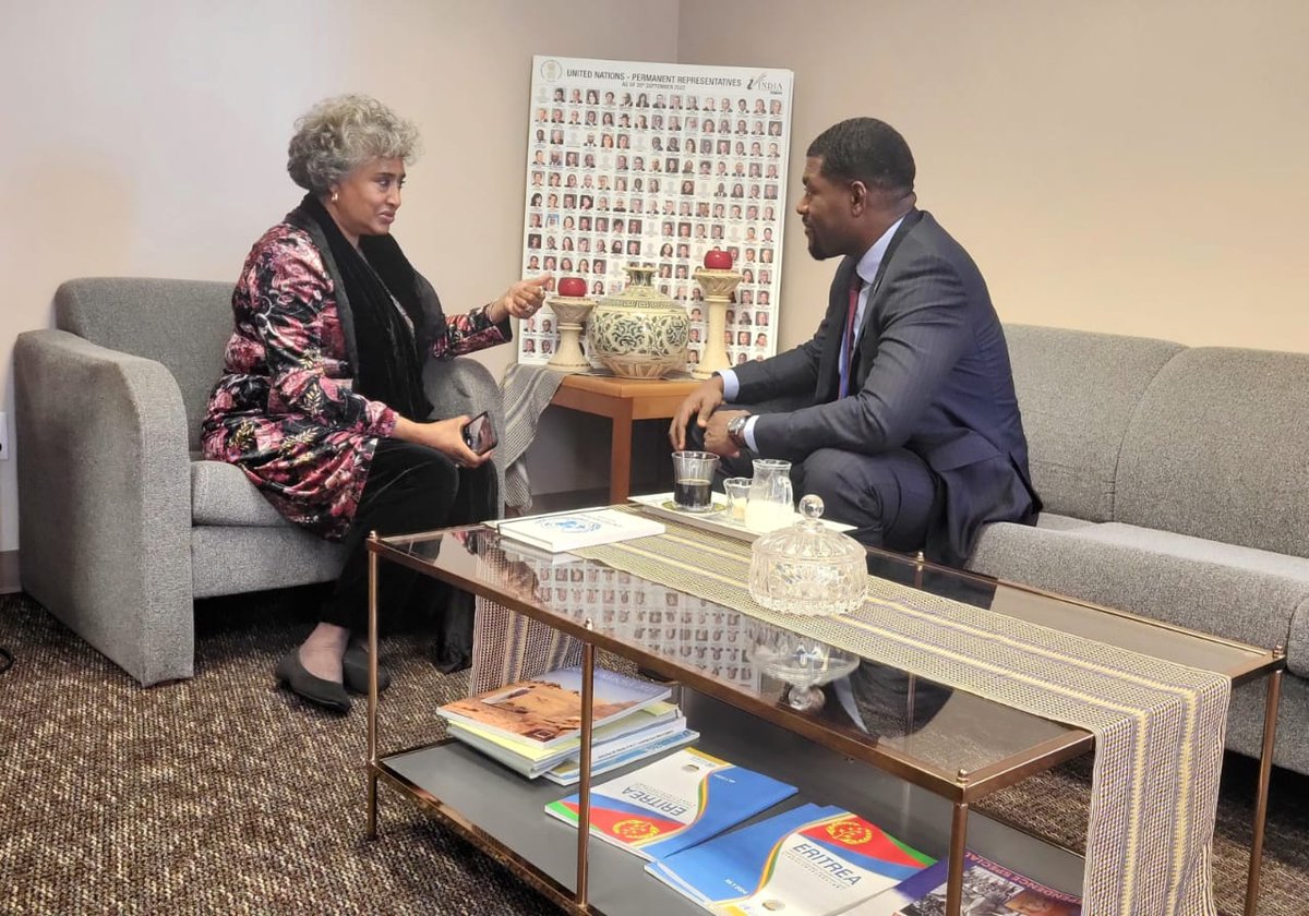 AmbStesfamariam's tweet photo. Welcomed H.E. Mohamed Dabo, PR of #Guinea, 2 @Eritrea_UN. We discussed #Africa|s challenges @UN &amp; exchanged views on @_AfricanUnion &amp; how it can better serve the priorities &amp; aspirations our peoples. Agreed to cooperate &amp; support each other &amp; strengthen #Eritrea-#Guinea relations https://t.co/vevHKd735N