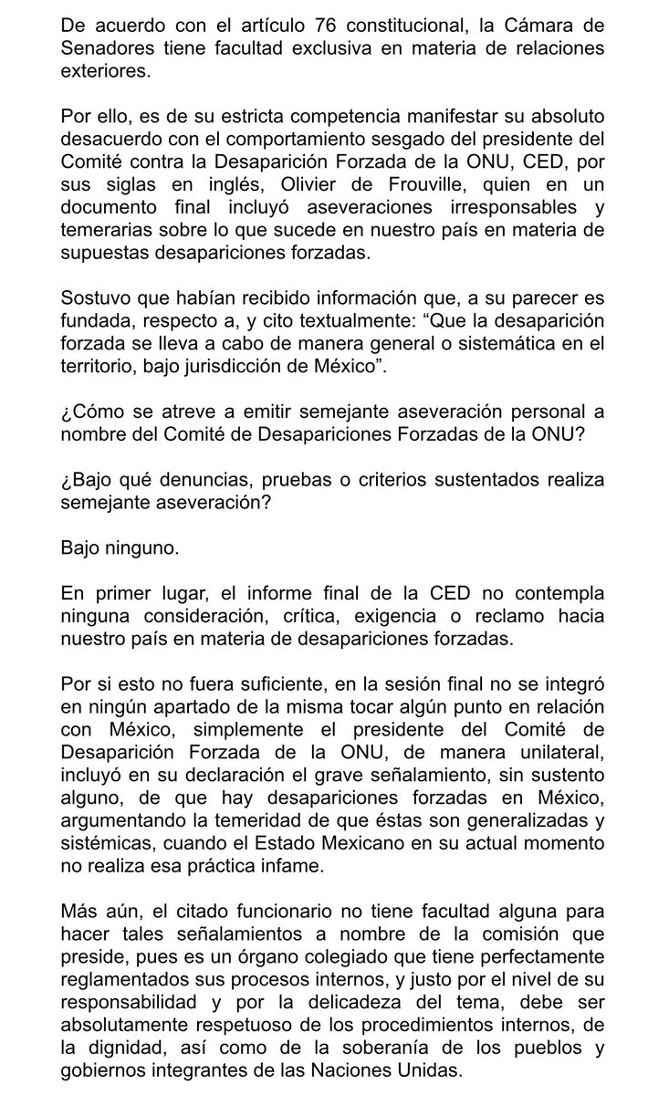 letroblesrosa's tweet photo. ‼️EXTRA‼️ El @senadomexicano solicitará la destitución de Olivier Frouville, presidente del CED de la ONU, por abrir un procedimiento por las desapariciones en México.

Aquí el pronunciamiento del Senado. https://t.co/TGRyK1FH92
