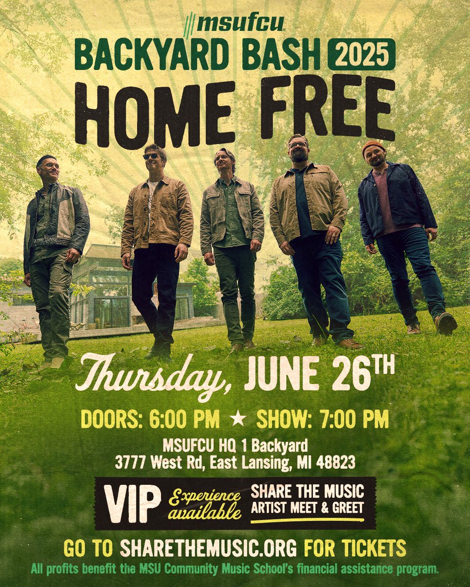 HomeFreeGuys's tweet photo. Howdy folks! We've got a brand new show to announce, and this one's mighty special!

The Home Free Backyard Bash is officially ON — and we can’t wait to party with y’all! 🍔🌭🎶

📍 June 26 – East Lansing, MI
MSUFCU Backyard Bash 2025
📌 MSUFCU HQ 1 Backyard – 3777 West Rd, East Lansing, MI
🕖 Show at 7PM

ALL profits benefit the MSU Community Music School’s financial assistance program through the Share the Music Foundation  🎶💛

Tickets are now ON SALE for our Patreon community. They are likely going to grab all the best tickets, so if you want to ensure you get the best seats in the house... you know what to do! 

Otherwise, the tickets go on sale to the public this Friday. Let's do this thing!