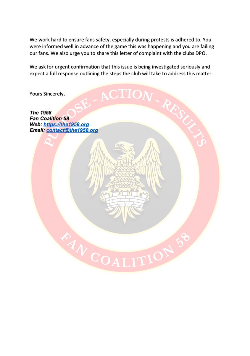The__1958's tweet image. Below is a copy of our letter of complaint addressed to Omar Berrada.
We have called for the complete removal of CSG security services from all home games.
Their conduct is unacceptable and their removal is paramount for future fan safety.
The 1958🇾🇪