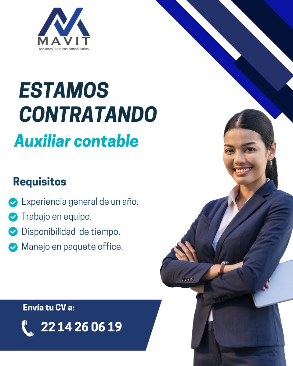 MAVITMAVIT1's tweet photo. Únete a nuestro equipo de trabajo. 

#auxiliaradministrativo #MAVIT #empleo #empleos2025 #EmpleoDisponible #Puebla https://t.co/Vkm3v11D8W