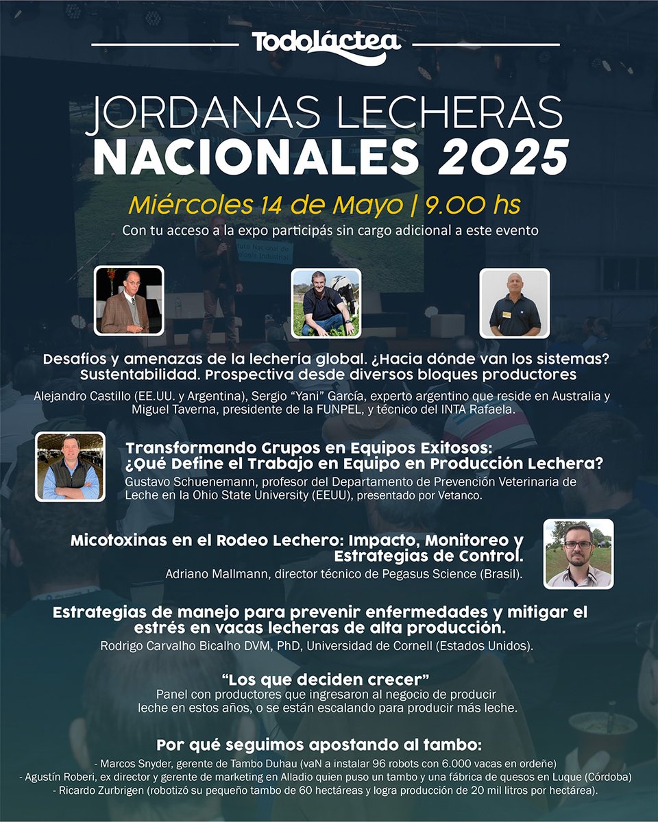 😃 Programa confirmado para las Jornadas Lecheras Nacionales 2025!

🇦🇷🇺🇸🇧🇷 Especialistas nacionales e internacionales se darán cita en #TodoLáctea 2025 para dos jornadas a pura capacitación.

📌 13 y 14 de Mayo, en Esperanza, Santa Fe.

👉Programa: todolactea.com.ar/lecheria/jorna…
