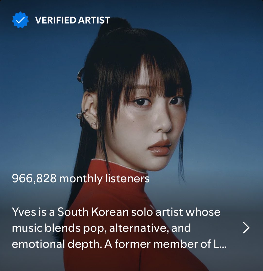 Yves #Spotify monthly listeners update 

06/04 - 950,624 (+9,847)
07/04 - 958,314 (+7,690)
08/04 - 966,828 (+8,154)

#Yves #이브