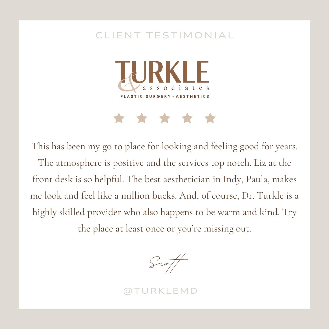 TurkleMD's tweet photo. “My go-to place for looking and feeling good for years!” 
From the warm welcome to expert care, our team is here to help you glow with confidence. ❤️
#PatientLove #TurkleAndAssociates #phasesskincare #PrecisionMeetsCompassion #Carmel #indianapolis https://t.co/rnJj08rzuJ