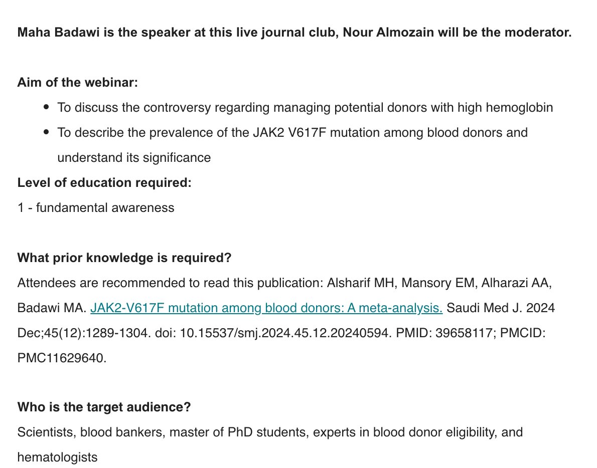 mahabadawi's tweet photo. Excited to present our systematic review and meta-analysis on JAK2 V617F mutation among blood donors https://t.co/1l3phU4MqD
 
in ISBT Live Journal Club on Monday, April 21 at 7:30 pm KSA time 
Register through the link https://t.co/s7Wj0ZWQRg https://t.co/fBSIZqWiJU