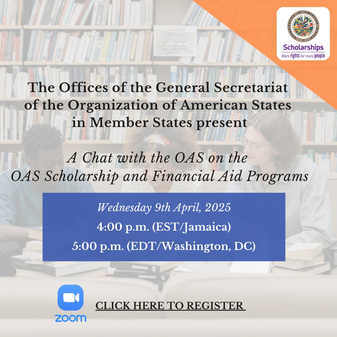 OASscholarships's tweet photo. Join us for a Chat with the OAS !
When?  April 9 at 5:00pm (EDT/Washington, DC) 
About? @OASscholarships  &amp; Financial Aid Programs Don’t miss out!
Register here: https://t.co/9nYiTxsKSR https://t.co/mQYHidUxqp