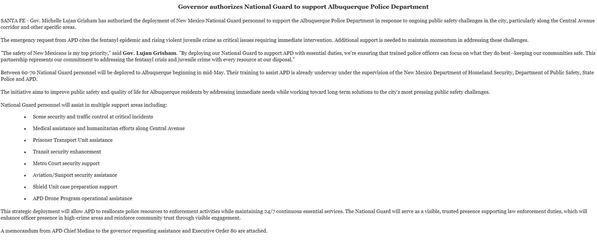 #BreakingNews: <a href="/GovMLG/">Governor Michelle Lujan Grisham</a> is deploying the National Guard to Albuquerque to support <a href="/ABQPOLICE/">Albuquerque Police Department</a> in tackling crime. The move comes at the request of the police department. <a href="/madisonsconner/">Madison Conner KRQE</a> reports on <a href="/krqe/">KRQE News 13</a> at 5:30.