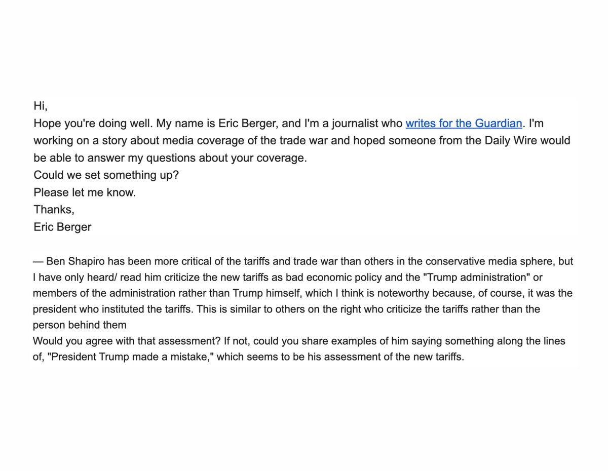 benshapiro's tweet image. The Guardian’s idea of journalism: “You criticized Trump’s tariff policy… but not Trump enough. Want us to help reword that?”

You don’t hate the media enough.