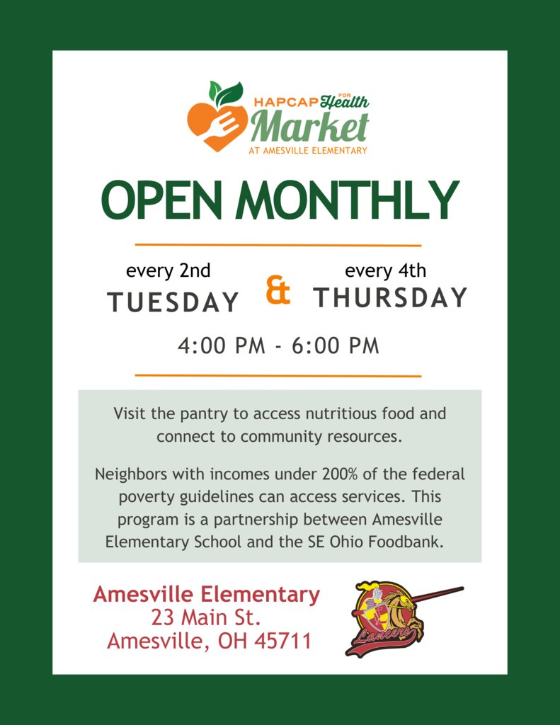 The Amesville Market is open this evening from 4-6pm. This is open to anyone  that lives in one of the ten counties that the Southeast Ohio Foodbank Serves.