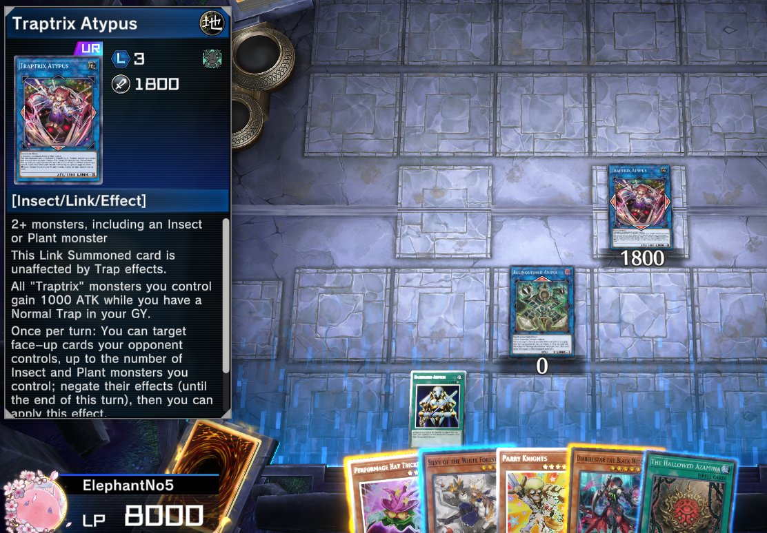 ElephantNo5's tweet photo. @MBTYuGiOh Traptrix Atypus? Parry the Traptrix Atypus? 
I will end on Traptrix Atypus, with Hat Tricker and Parry Knights in hand. Then I'll ask MBT to normal summon a  monster to punch into me, triggering Parry Knights.
1c combo off Allure Palace. https://t.co/Nk5B55fMZP